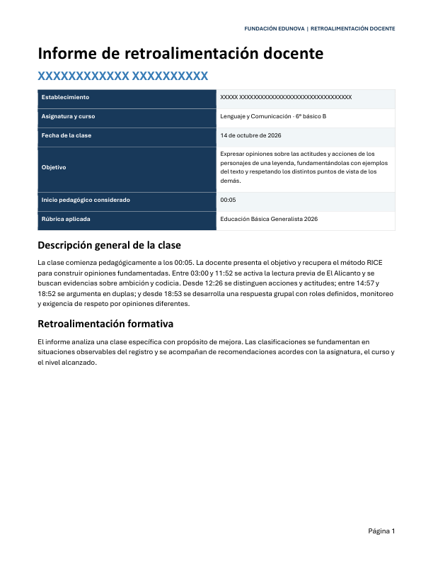 Vista de la primera página de un informe de retroalimentación docente