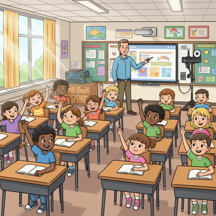 Ilustración de una clase participativa con docente, estudiantes y un dispositivo de registro audiovisual